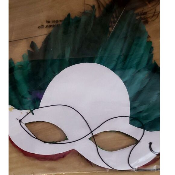 Mardi Gras Mask Green Sequin Trim Red Feather Eyes Surrounded by Green Feathers - Picture 2 of 2